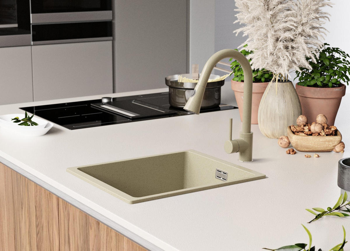 SPÜLBECKEN London Slim, 2-er set Beige 36/47 cm 1 Becken + Ablauf-Set ab 40er Unterschrank - Chromfarben/Beige, Kunststoff (36/20/47cm) - Primagran