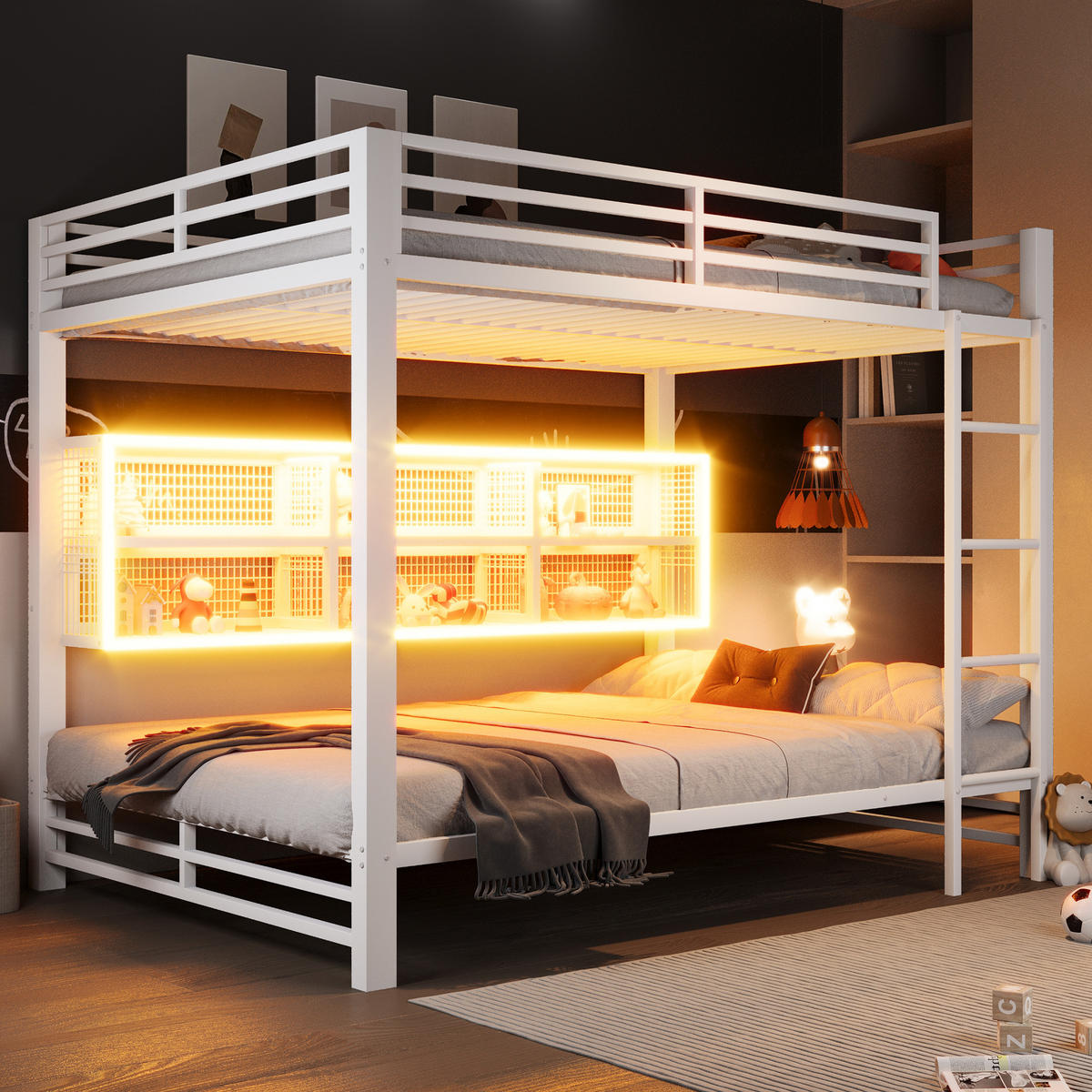 ETAGENBETT 140/200 cm weiß aus Metall mit 6 Stauraumschränken und LED - Weiß, Metall (140/200cm) - OKWISH