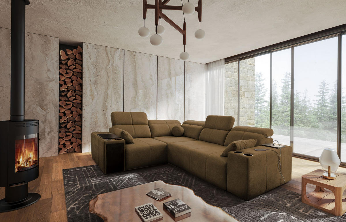 ECKSOFA Mit Schlaffunktion USB Und Verstellbarer Rückenlehne Mindy II Braun Links - Braun, Holz/Textil (219/288cm) - Kaiser Möbel