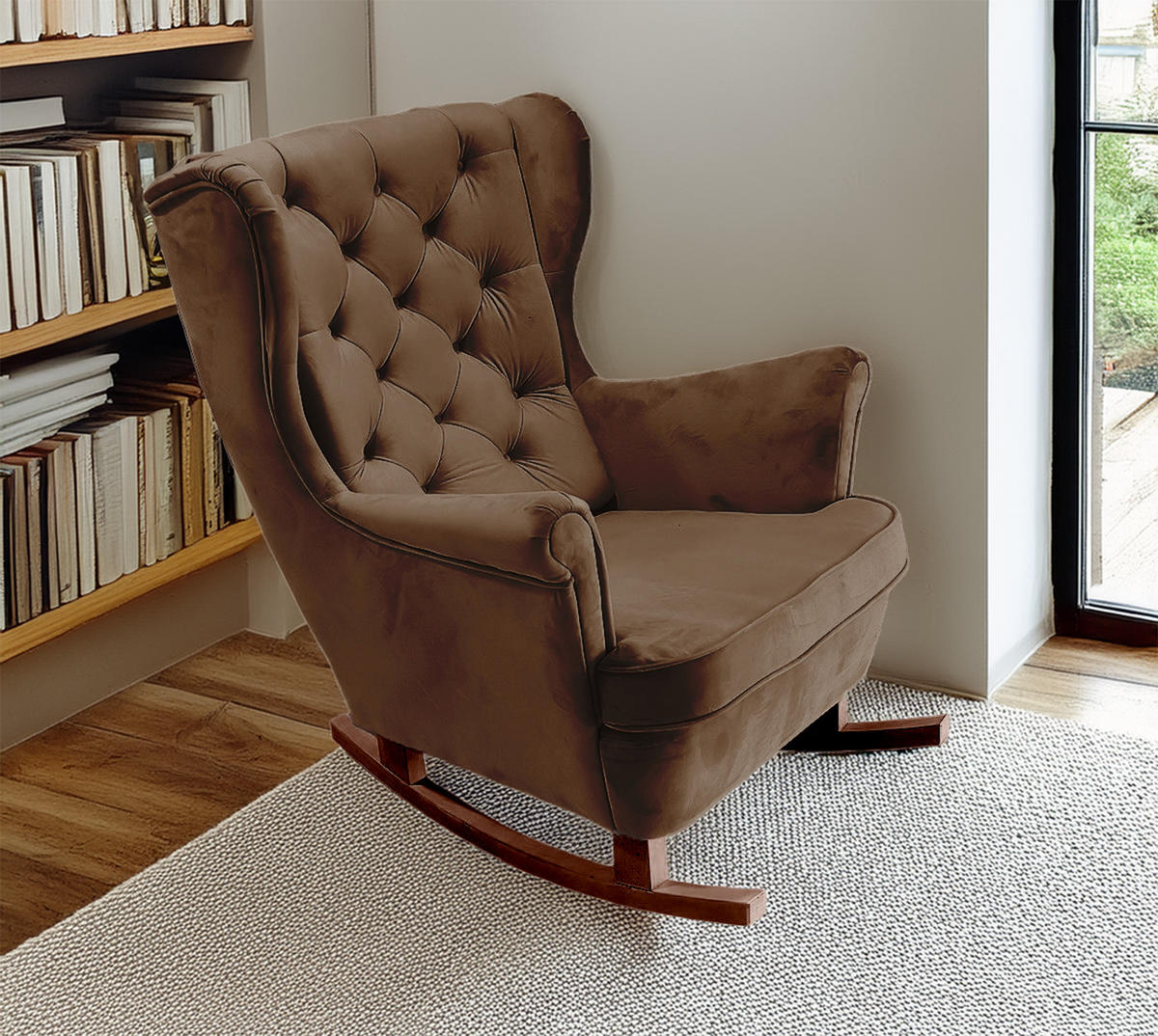 SCHAUKELSESSEL mit gepolstertem Sitz und Armlehnen, 102x81x95 cm, Dunkelbraun_29826 - Braun/Bronzefarben, Holz/Textil (81/102/95cm) - DomoHome