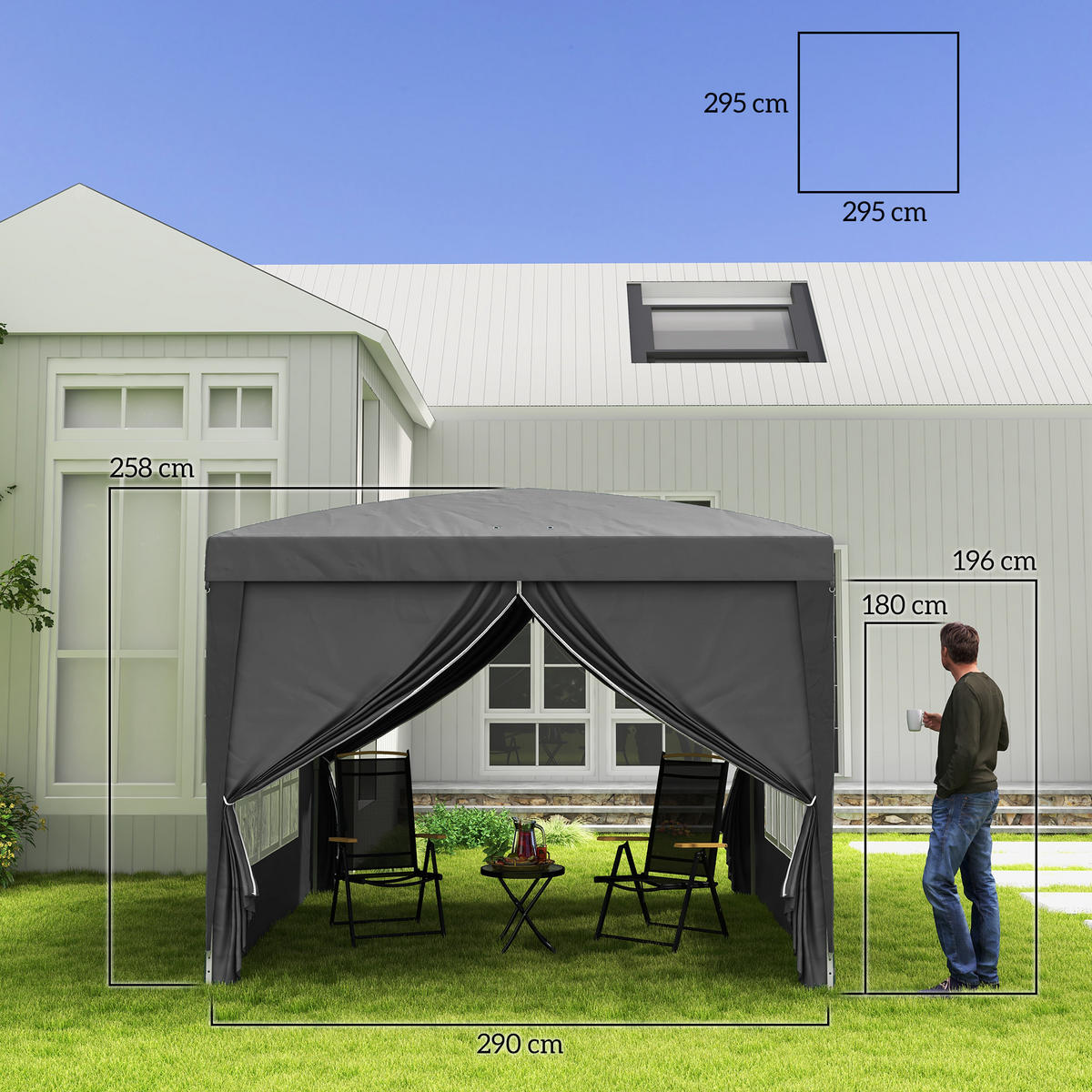 PAVILLON ca.3x3m, wasserabweisend Stabil Winterfest Pop-up Faltpavillon Grau - Grau, Textil/Metall (295/258/295cm) - Outsunny