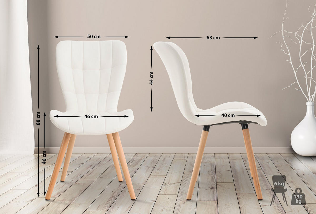 STUHL Lederlook weiß - Eukalyptusholzfarben/Weiß, Holz/Textil (50/88/63cm) - CLP