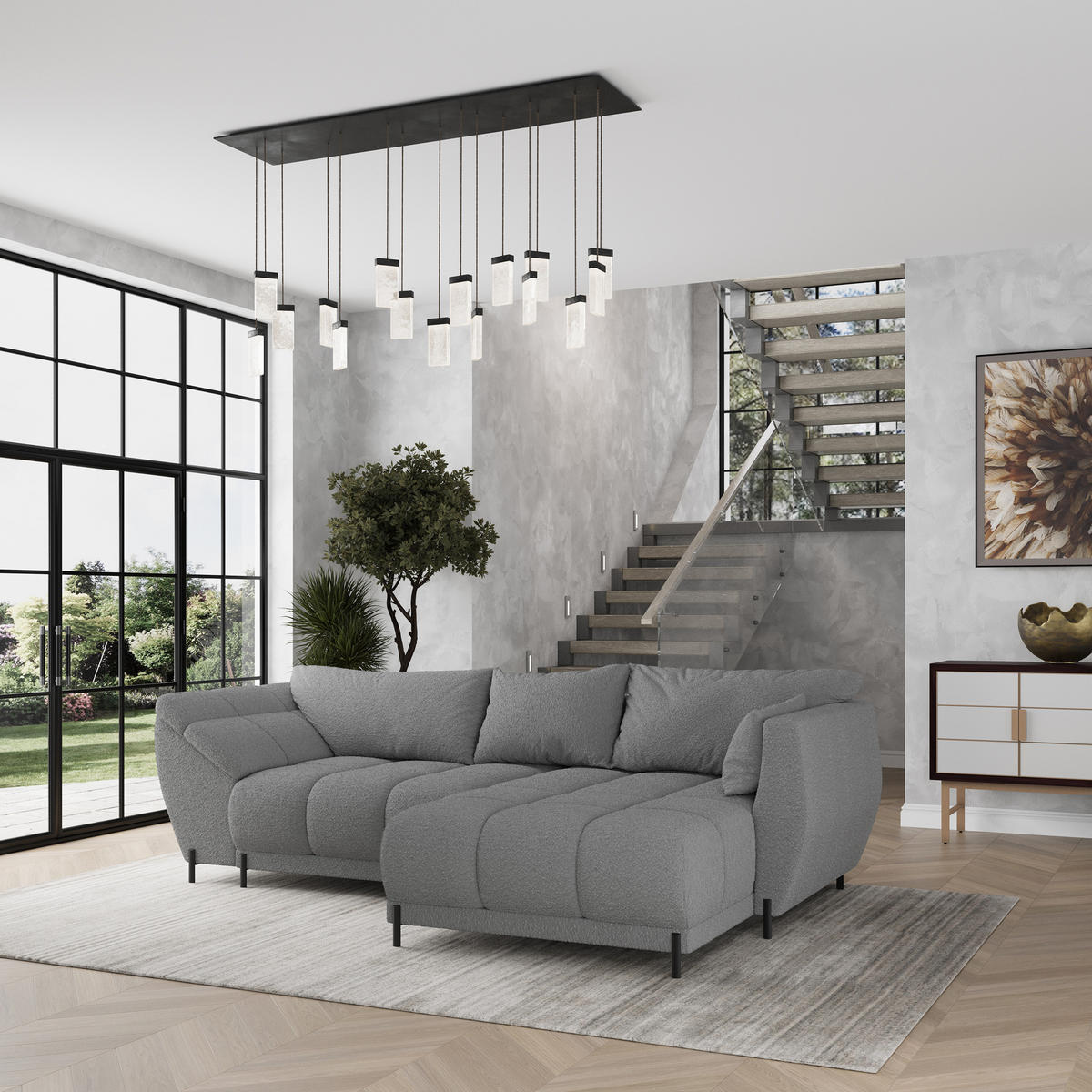 ECKSOFA VESTANO R-S Grau Boucle-Stoff mit Schlaffunktion - Grau, Holz (287/182cm) - MASSENO