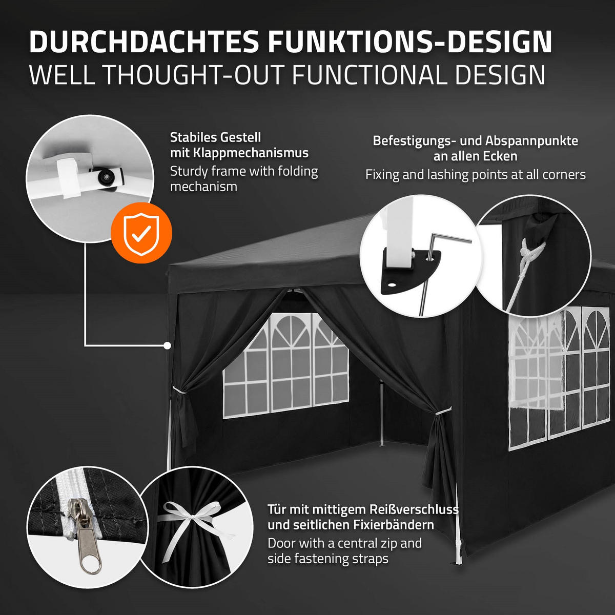 POP UP PAVILON 3x3 m, černý, skládací pavilon, vodotěsný, stabilní, se 4 bočními stěnami - černá, textil (300/260/300cm) - ECD-Germany
