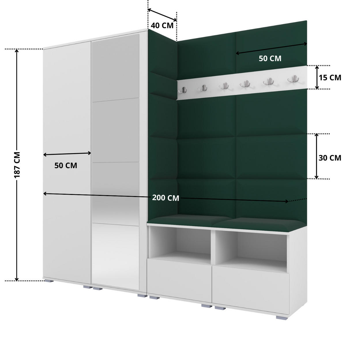 GARDEROBE NELA VI 200 cm (Kompaktgarderobe Weiß mit Spiegel & Sitzpolster Flaschengrün 28 Schrank & Paneel) - Dunkelgrün/Silberfarben, Holz/Holzwerkstoff (200/187/40cm) - Ravio