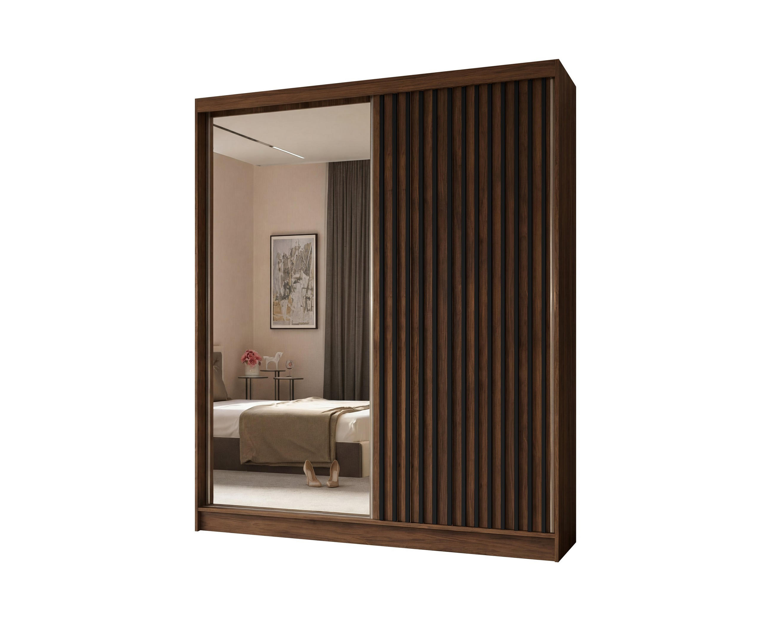 SCHWEBETÜRENSCHRANK LAMELLO 200/216/61 cm Modern Kleiderschrank 2-türig mit Spiegel Nussbaumfarben - Nussbaumfarben, Holzwerkstoff (200/216/61cm) - MASSENO