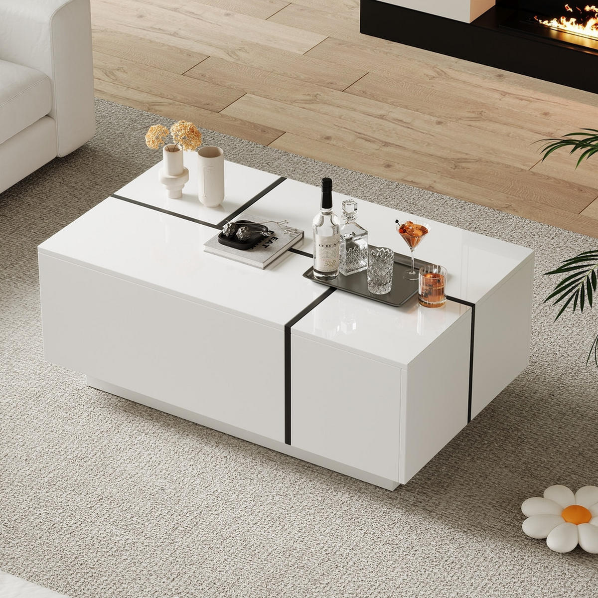 COUCHTISCH 100x60cm Weiß Quadratisch Patchwork 4 Schubladen Höchstlast 30kg - Weiß, Holz (79.6/39.57/20.6cm) - FLIEKS