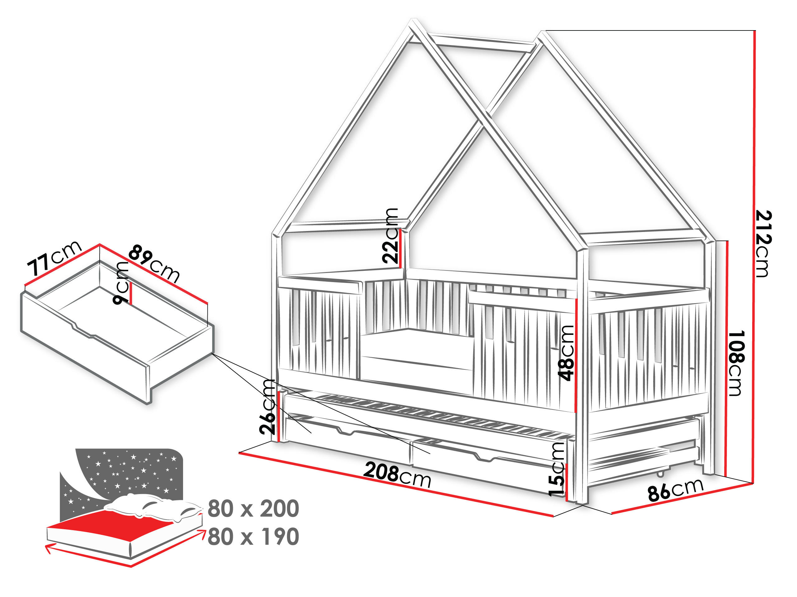 Thumbnail - Mirjan24 Hausbett, Grau, Holz, Kiefer, 2 Schubladen, Rechteckig, 80x200 cm, FSC 100%, Kinder- & Jugendzimmer, Kindermöbe...