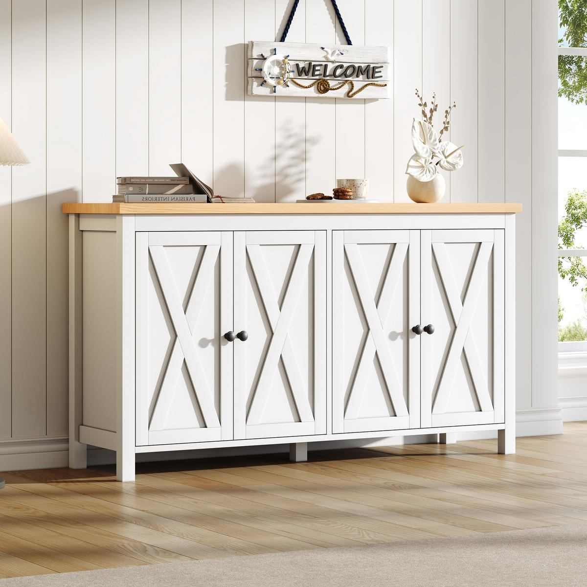 SIDEBOARD Weiß MDF 4 Türen 2 Fächer 140cm Modern Schrank - Weiß, Holzwerkstoff (140/78/40cm) - FLIEKS
