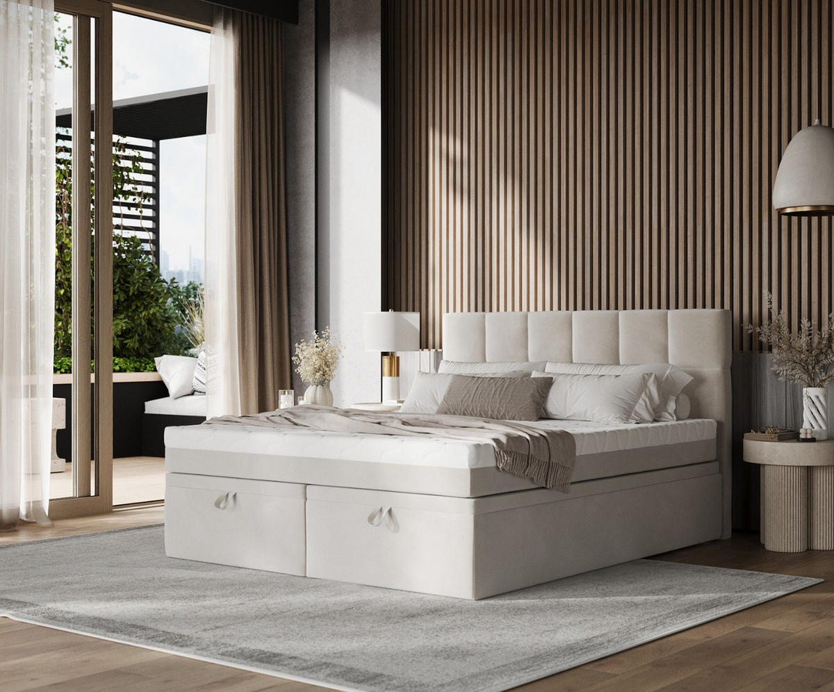 BOXBETT Elano 200/200 cm Hellbeige im Paros Stoff - Beige/Schwarz, Holz/Holzwerkstoff (200/200cm) - AltaBeds