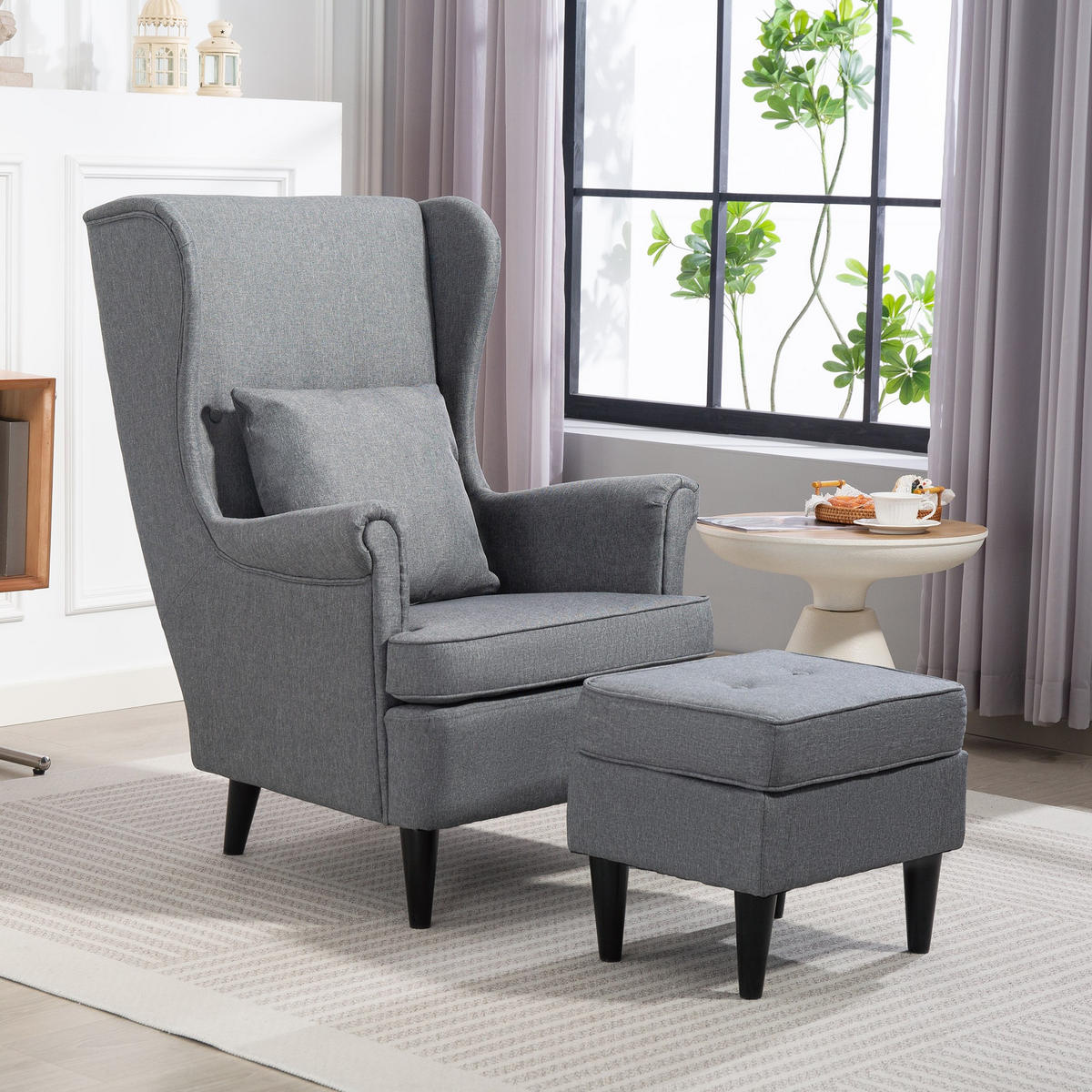 OHRENSESSEL mit Hocker Sessel mit Leinenoptik, Lendenkissen für Wohnzimmer Grau - Grau, Kunststoff (75/104/83cm) - HOMCOM