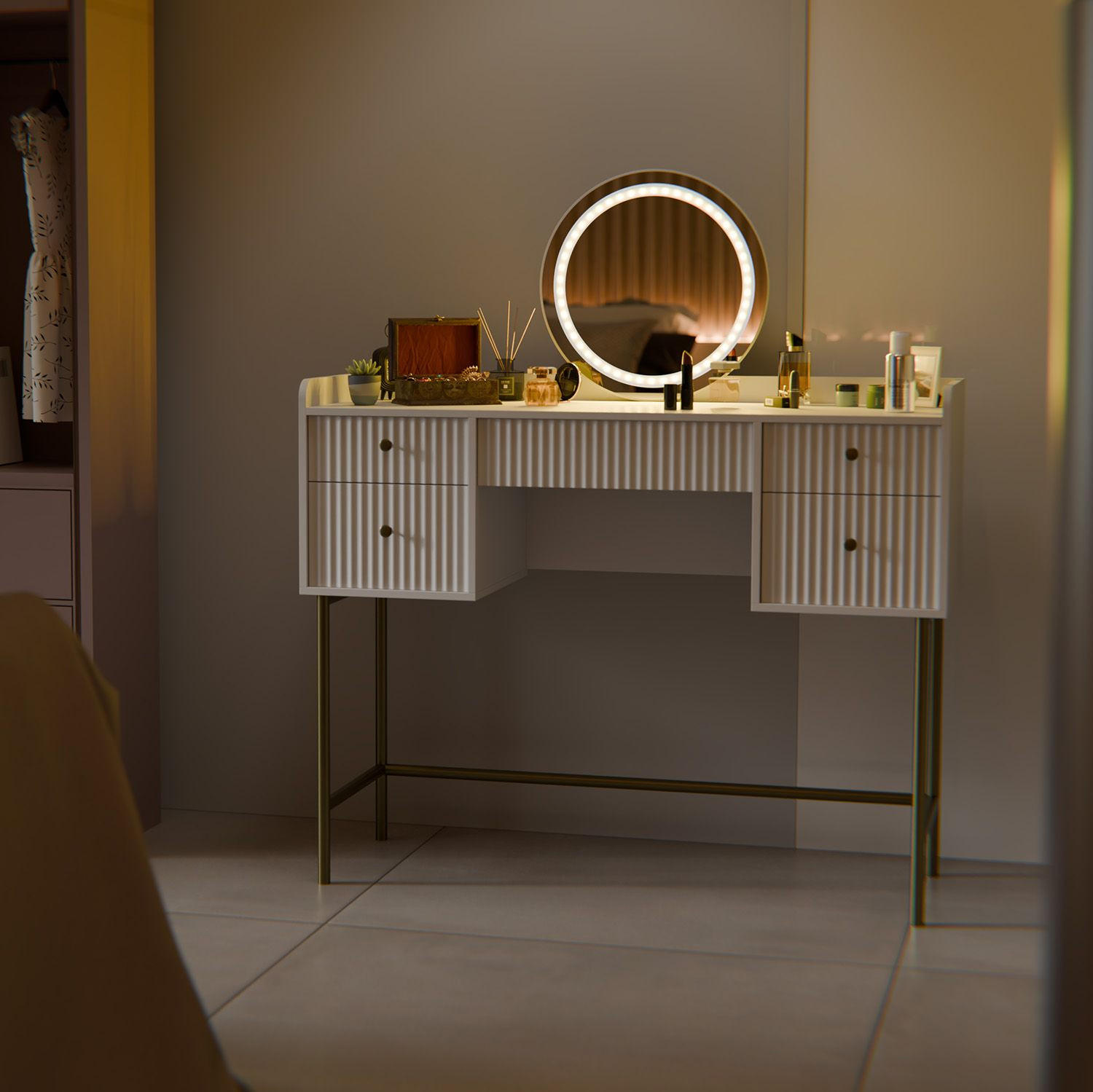 SCHMINKTISCH Samira weiß/gold mit Touch-LED-Spiegel - Weiß, Holz (115/137/40cm) - Juskys