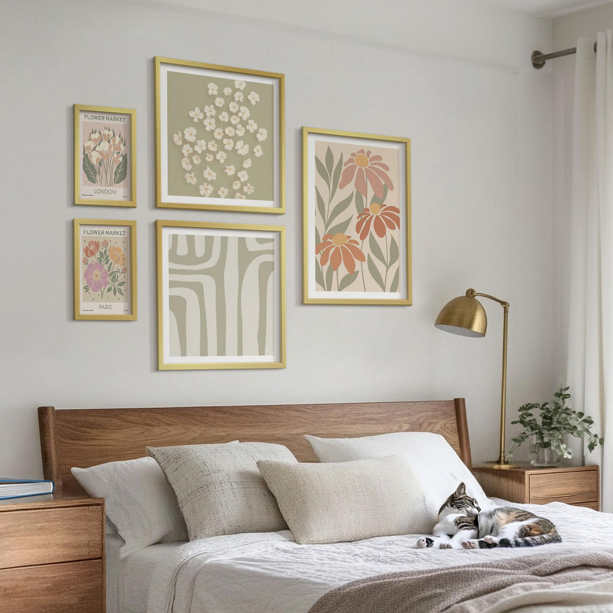WANDBILDER 5er Set - 50x50 cm & 20x30 cm & 40x60 cm Goldrahmen - Botanische Motive, Pariser Minimalismus - Goldfarben, Kunststoff (40/60cm) - ArtPrintCave