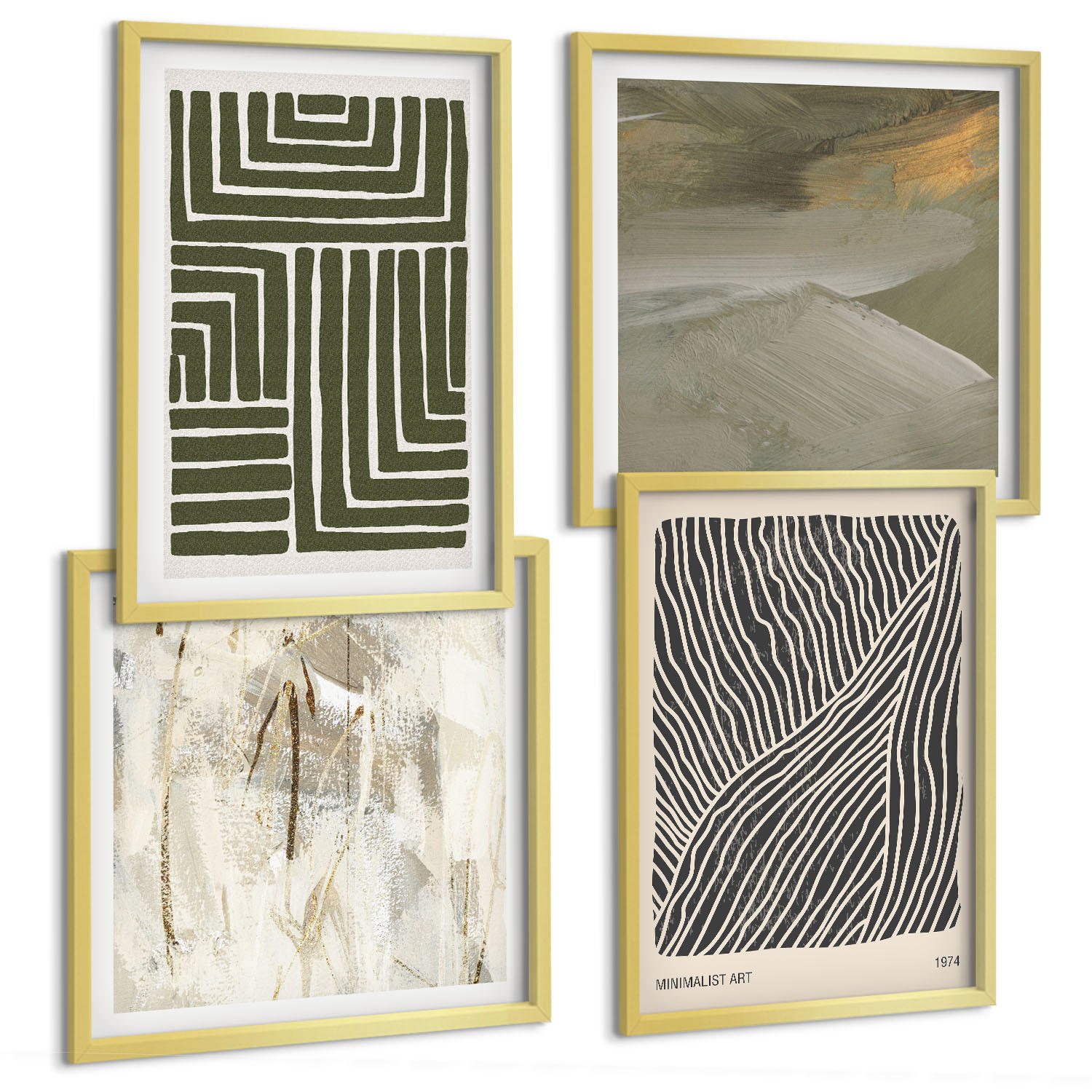 BILDER SET 4er Set - 50x50 cm & 40x60 cm Goldrahmen - Formmuster in Grün - Goldfarben, Kunststoff (50/50cm) - TULUP