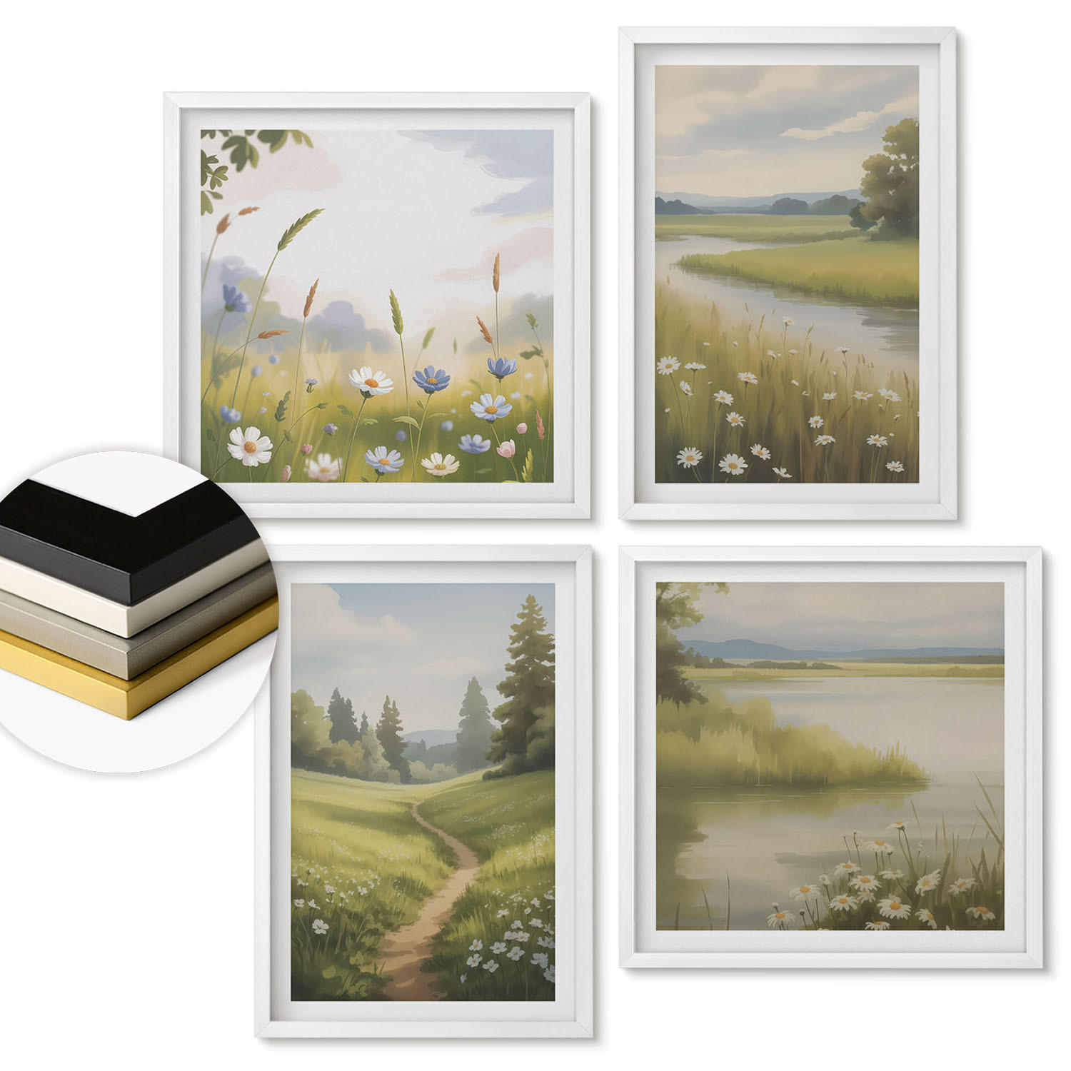 WANDBILDER 4er-Set - 50x50 cm & 40x60 cm Weißer Rahmen - Frühlingslandschaft Flusswiese - Weiß, Kunststoff (50/50cm) - ArtPrintCave