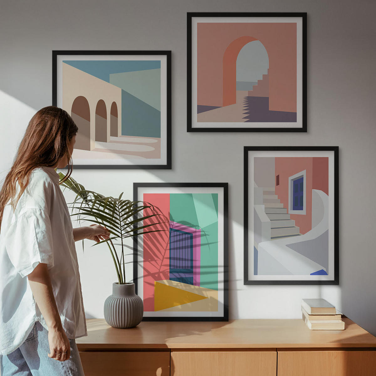 BILDER SET 4er Set - 50x50 cm & 40x60 cm Schwarzer Rahmen - Farbenfrohe moderne Gebäude - Schwarz, Kunststoff (50/50cm) - TULUP