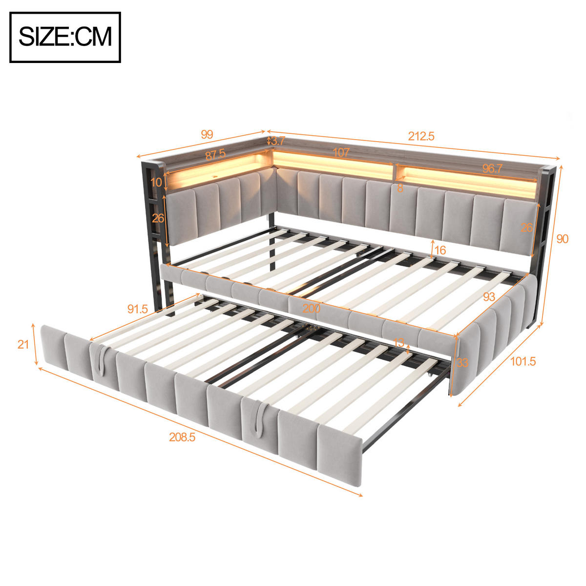 AUSZIEHBETT 90/200 cm ausziehbar mit LED und USB, DE-41654, in Hellgrau - Hellgrau, Metall (90/200cm) - ComfortXL