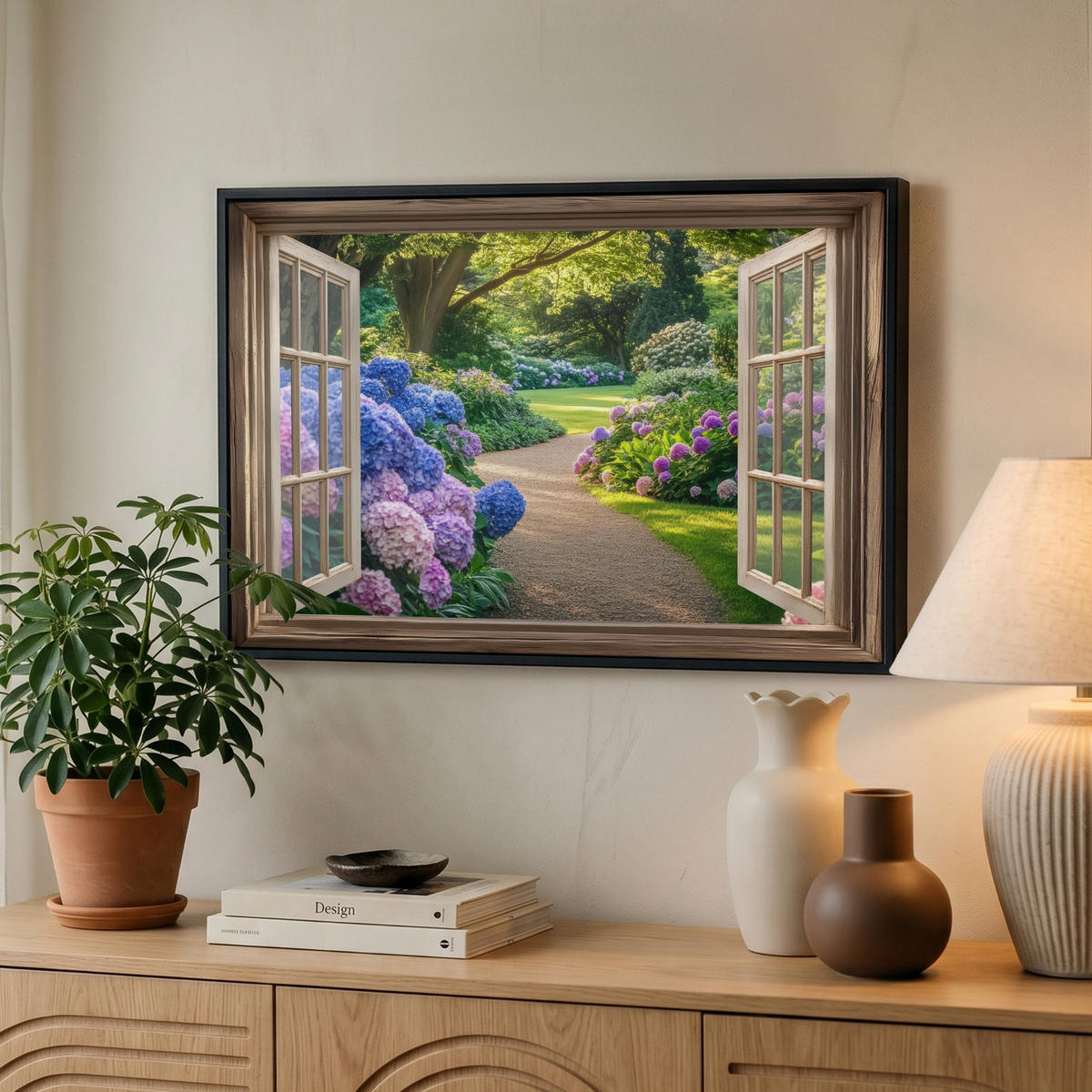 LEINWAND Bilder mit Rahmen - Aussicht - Garten - Fenster - Hortensie - Blumen - 60x40 - Pastellblau, Textil (60/40cm) - MuchoWow