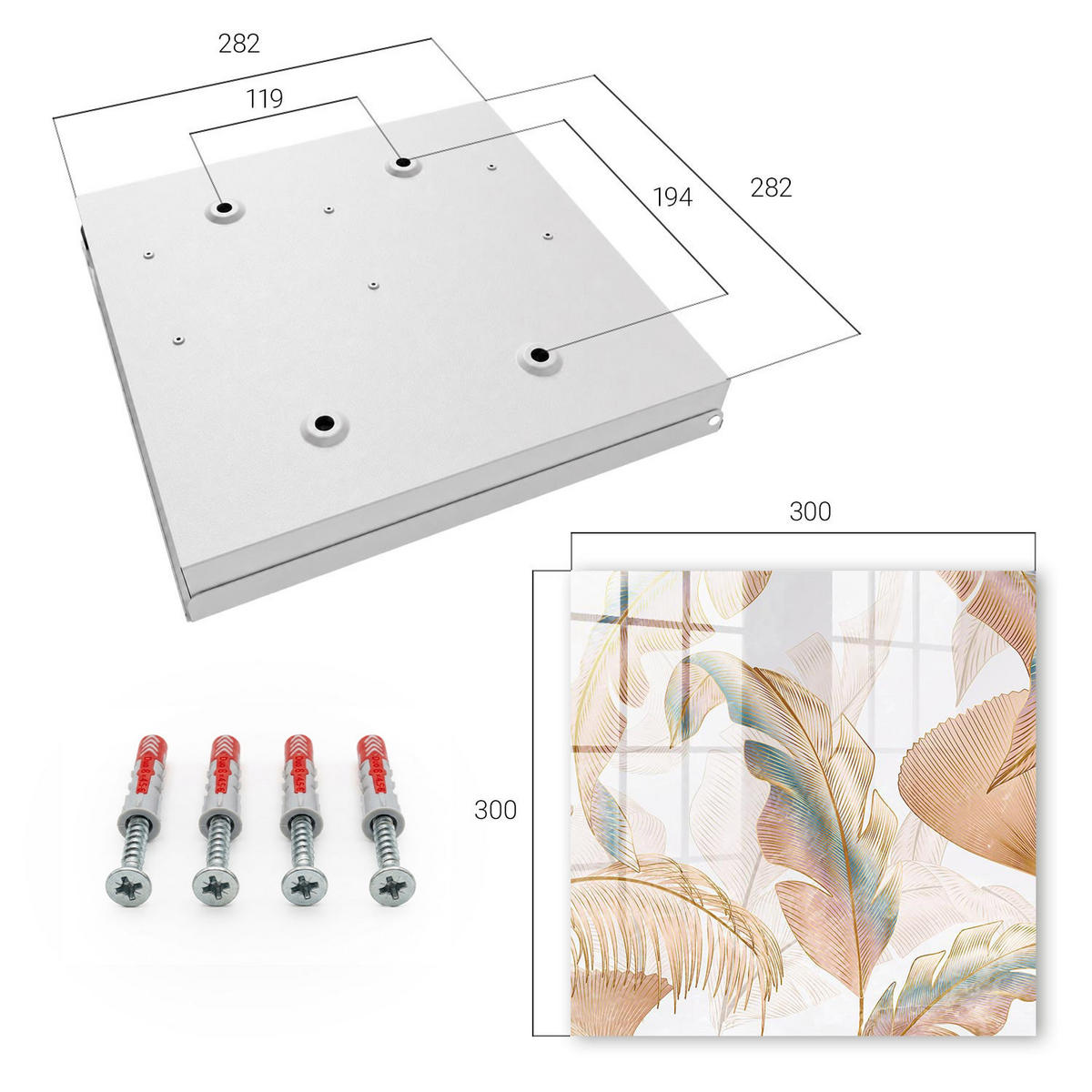 SCHLÜSSELBOX Weiß 30x30 cm – Türöffnung nach rechts - Zarte Blätter - Beige, Metall (30/30/5cm) - TULUP