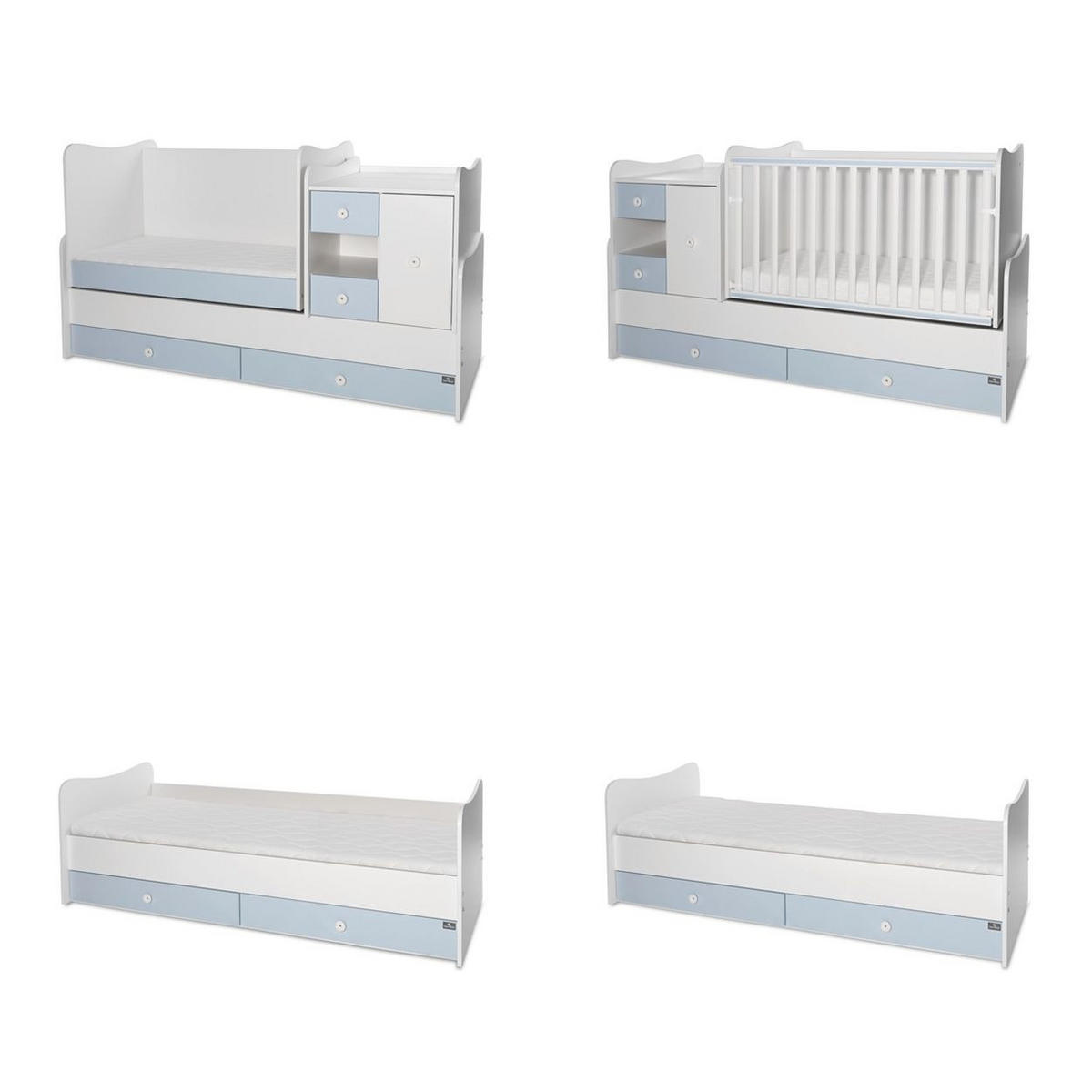 BABYBETT Mini Max 3 in 1 weiß blau 120 x 60 cm, Jugendbett 190 x 72 cm, Wickelkommode, Schaukelfunktion - Blau, Holzwerkstoff (72/190cm) - Lorelli