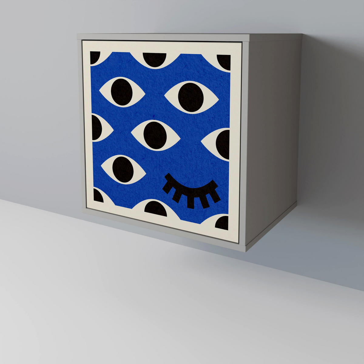 SIDEBOARD GEOMETRIC EYES, Grau, 57,5x42x72,5 cm, Schwarze Metallfüße - Multicolor/Schwarz, Holzwerkstoff/Metall (57.5/72.5/42cm) - SpaceRebels