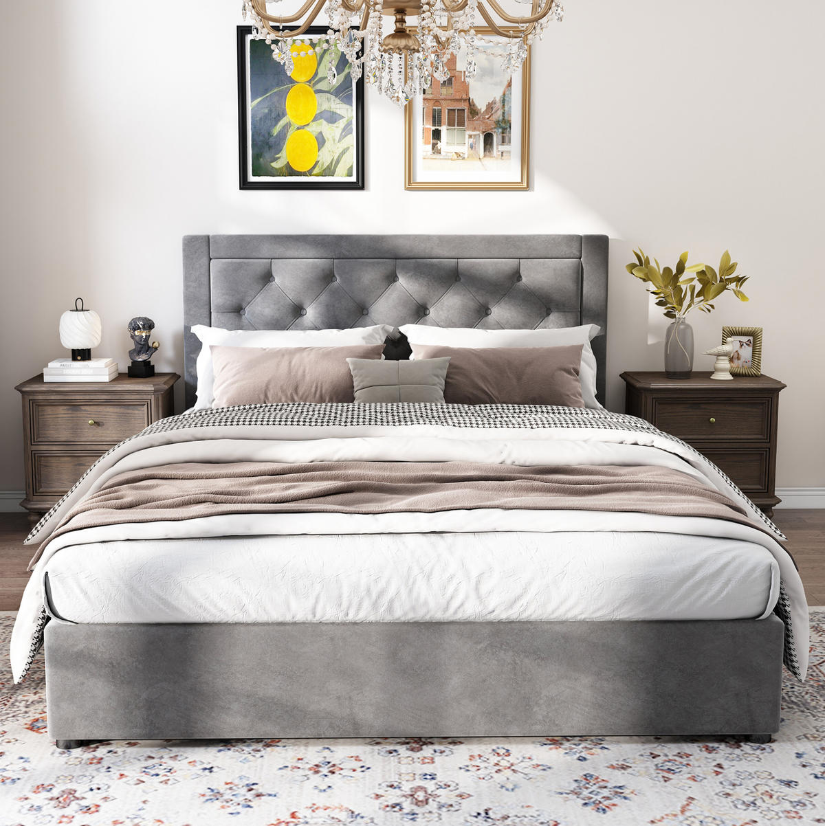 POLSTERBETT 140/200 cm Grau Stauraumbett im Chesterfield-Stil mit abhebbaren Bettkästen - Grau, Metall (140/200cm) - OKWISH