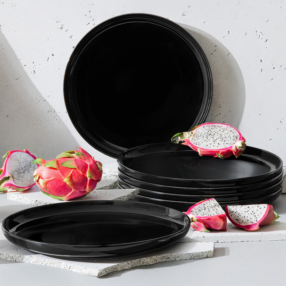 TELLER-SET VICTO 6-tlg Speiseteller - Schwarz Hochglanz, Keramik (27/2.5/27cm) - KONSIMO®