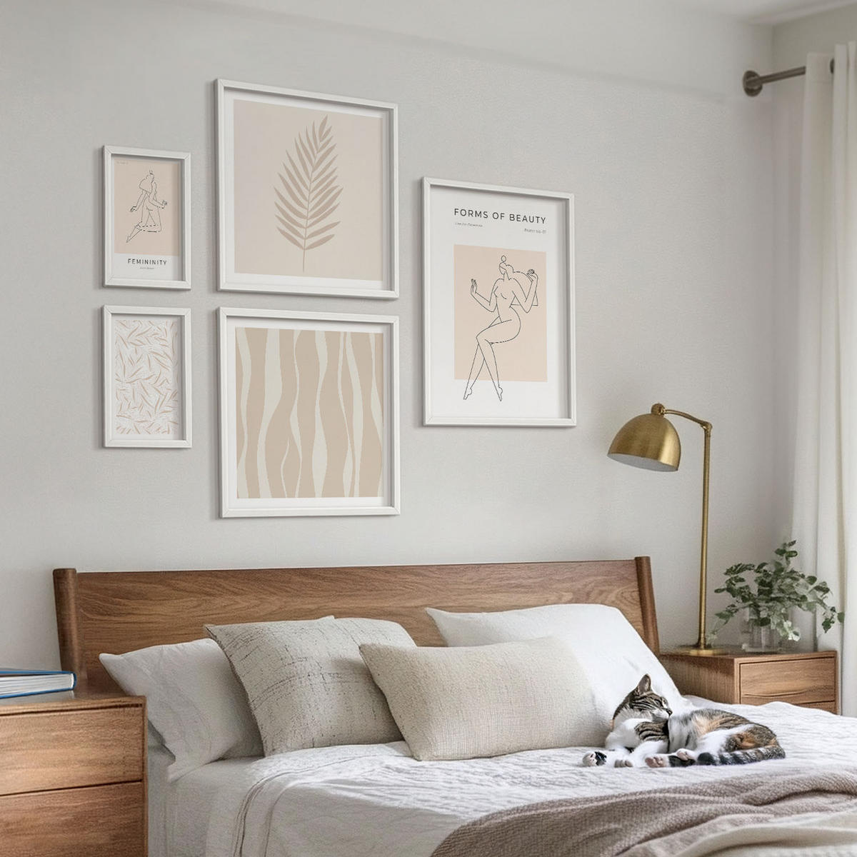 WANDBILDER 5er-Set - 50x50 cm & 20x30 cm & 40x60 cm Weißer Rahmen - Minimalistische Pflanzenmotive - Weiß, Kunststoff (40/60cm) - ArtPrintCave