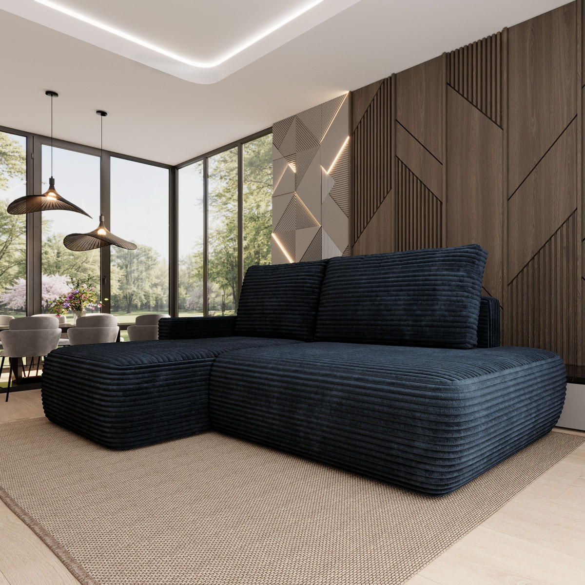 ECKSOFA AVINI T L-S Schwarz Kordstoff mit Schlaffunktion - Schwarz, Holzwerkstoff/Textil (277/160cm) - MASSENO