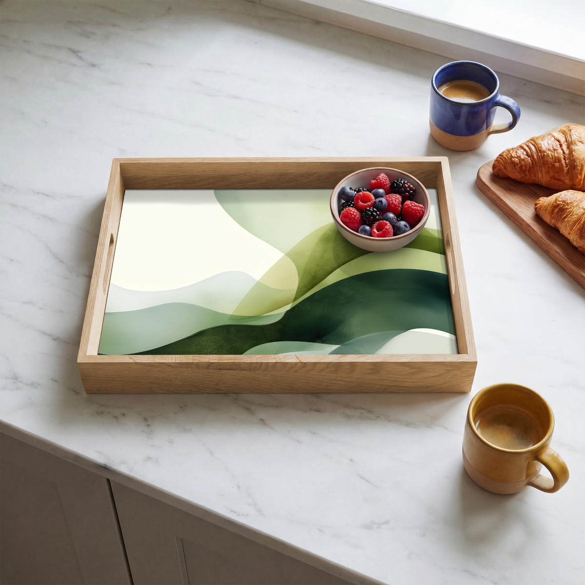 SERVÍROVACÍ PODNOS Vlny - abstraktní - světle zelená - ornamentální 40x30 cm - zelená barva, dřevo (40/5/5cm) - OnlyWow