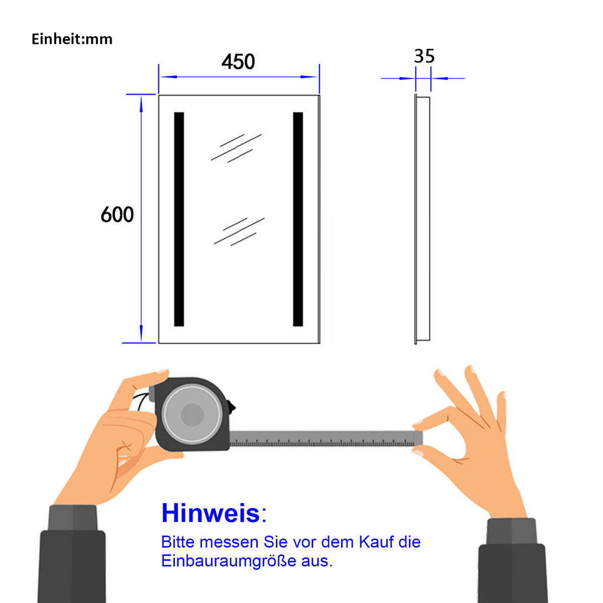 BADSPIEGEL mit Beleuchtung Rechteckig Umweltfreundlicher Silberspiegel 60/45 cm - Weiß, Glas (45/60/3.5cm) - EMKE