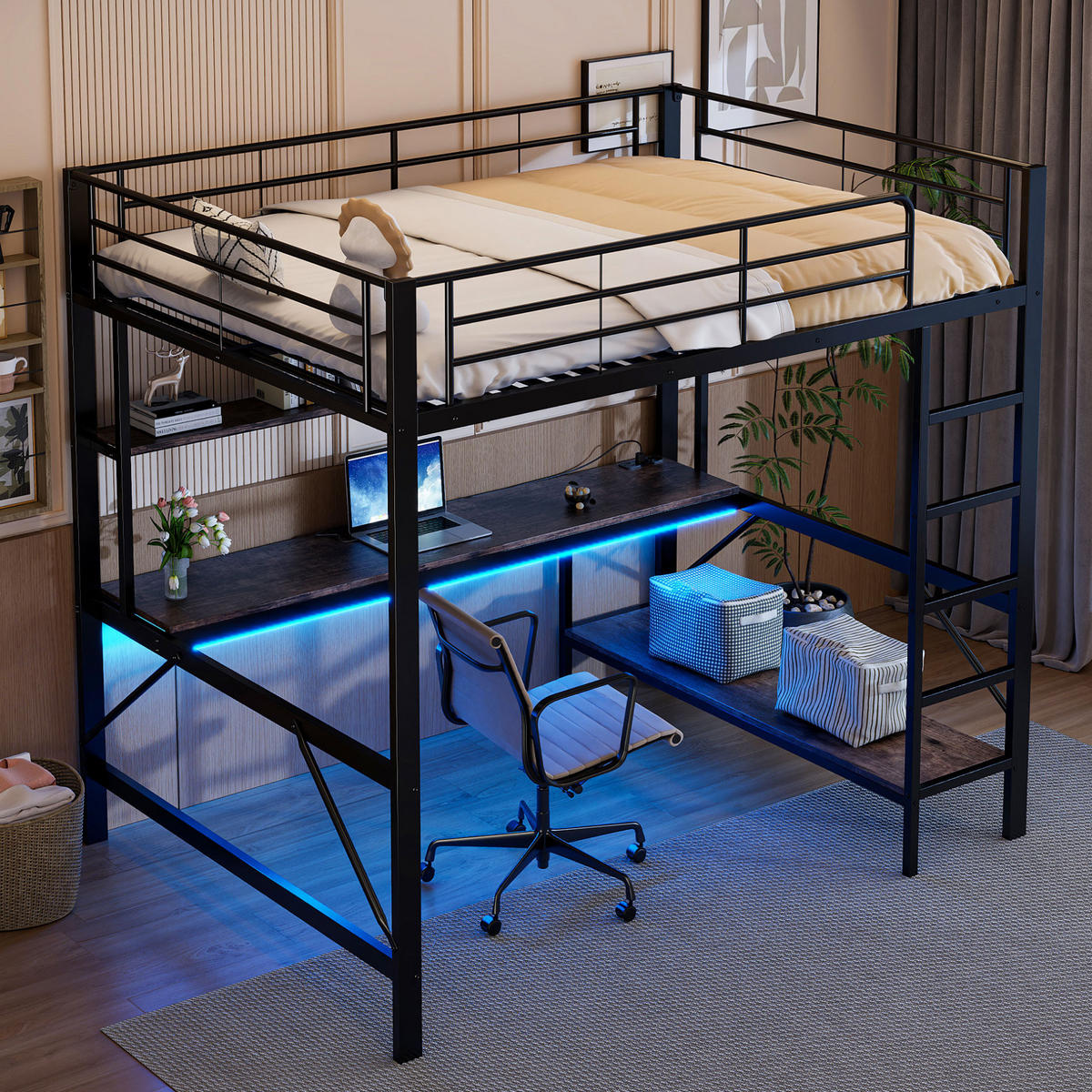 HOCHBETT 140/200 cm aus Metall mit Schreibtisch und LED-Beleuchtung Schwarz - Schwarz, Metall (140/200cm) - Modenvie