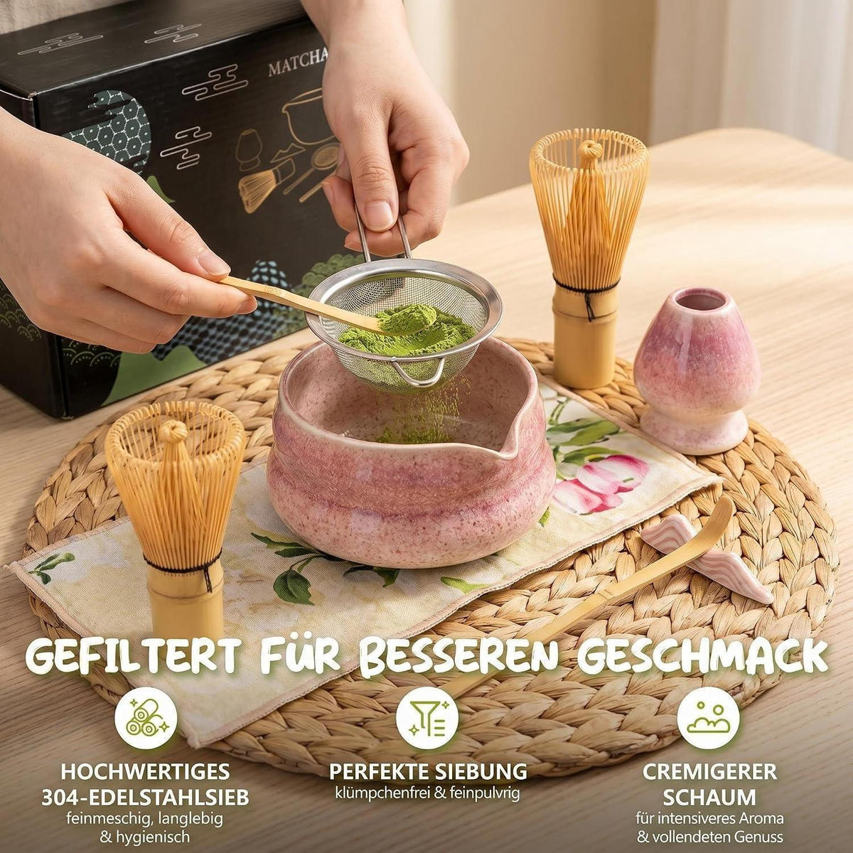 MATCHA Set 8-teilig Keramikschale Bambusbesen Halter Löffel Sieb Tuch Lila Farbverlauf - Lila, Keramik (16/10.8/20.5cm)