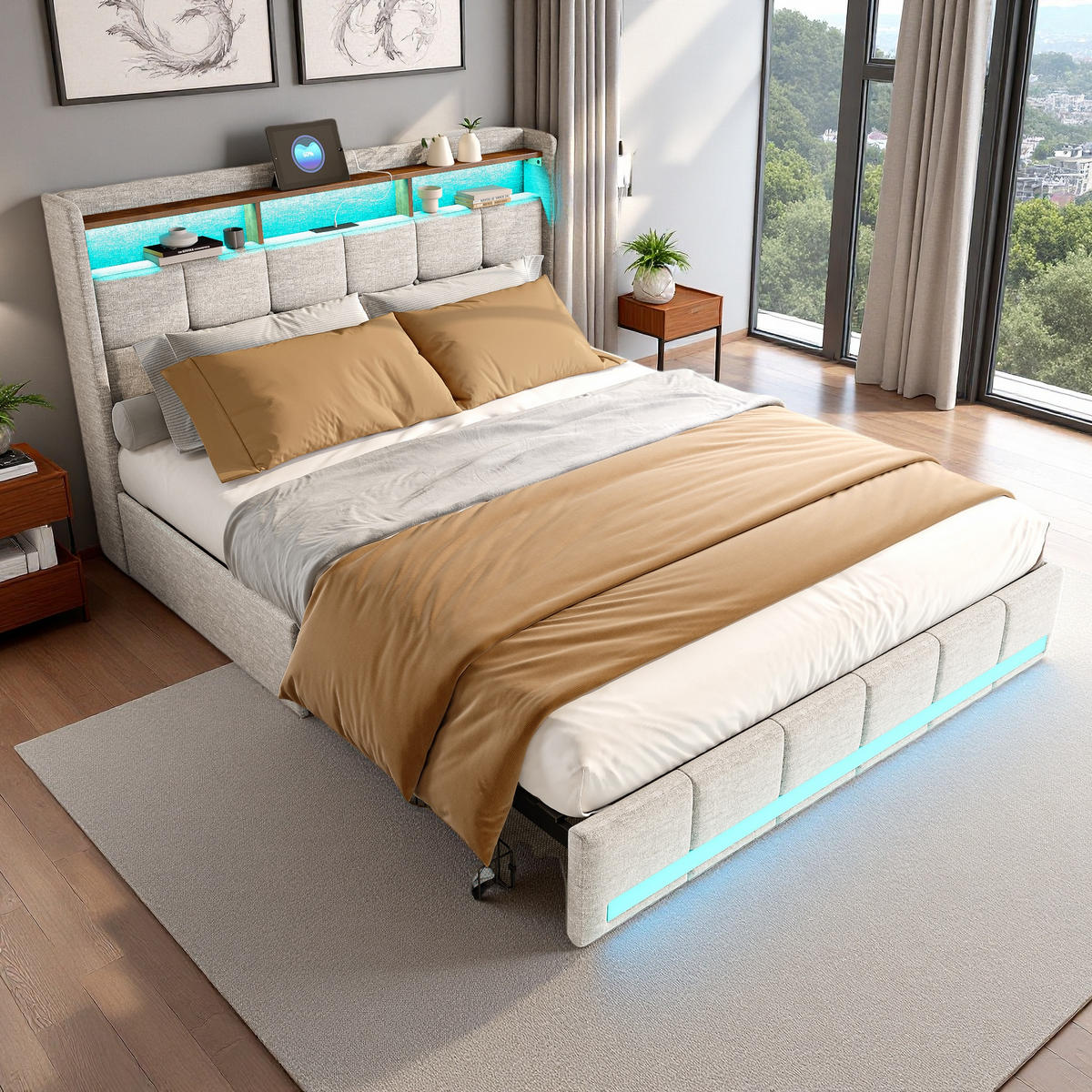 POLSTERBETT 180x200 cm Beige Leinen LED USB Typ-C 4 Schubladen - Beige, Holz (180/200cm) - SHOPENTRA