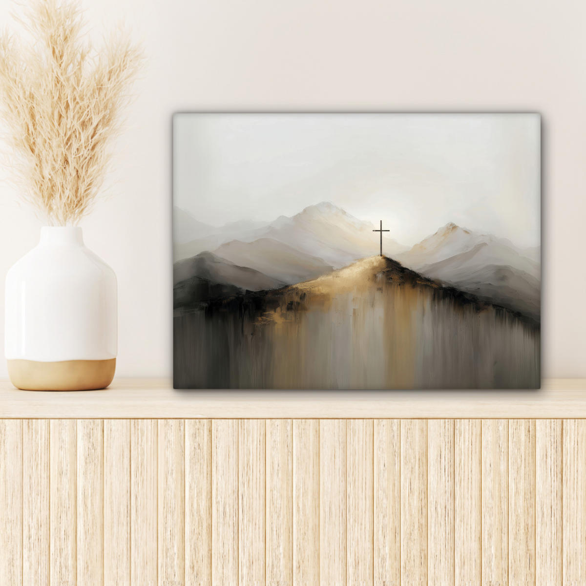 LEINWANDBILD Hügel - Abstrakt - Kreuz - Christentum Wandbild 40x30 cm - Beige, Textil (40/30cm) - MuchoWow
