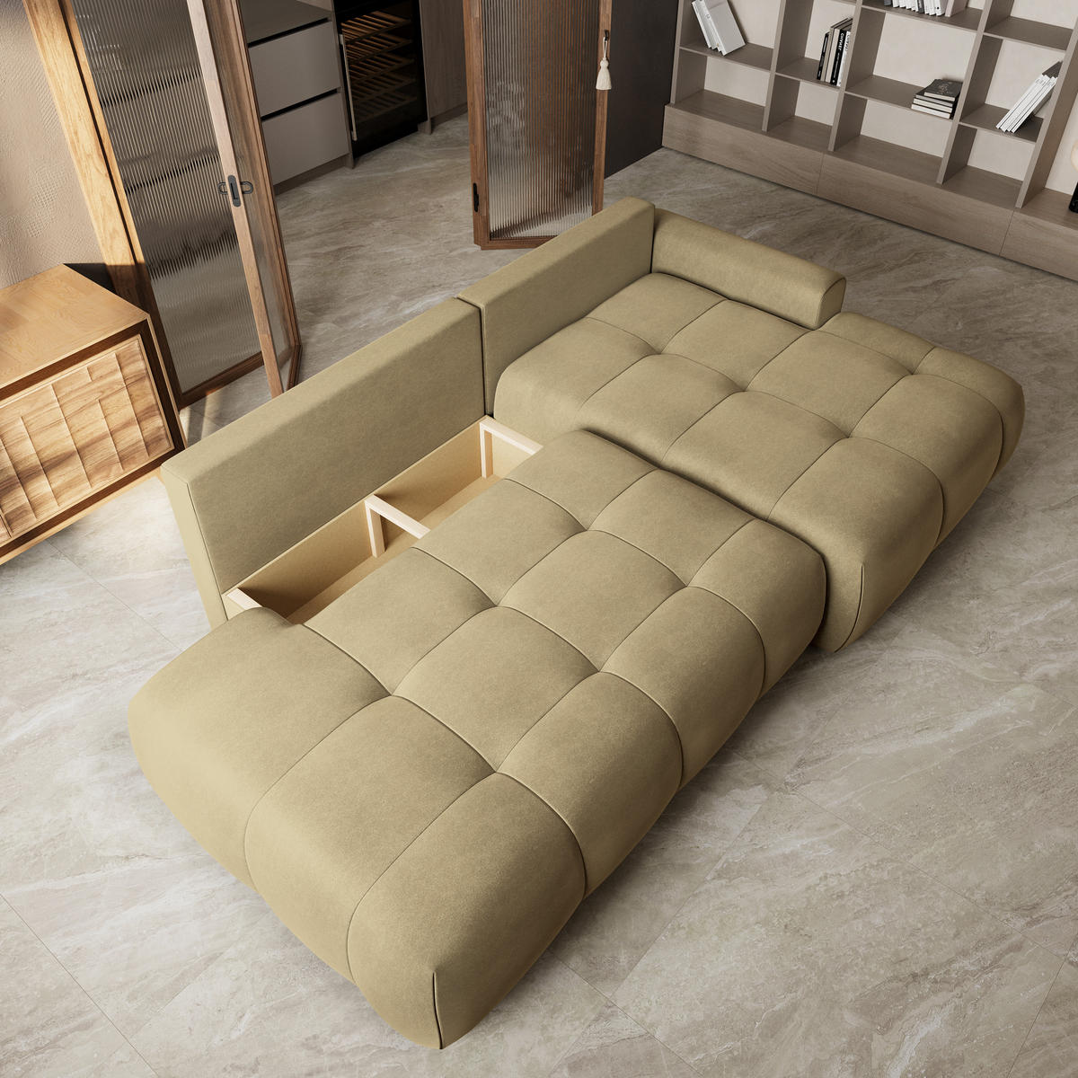 ECKSOFA FLUMA CL R-S Senfgelb Samtstoff mit Schlaffunktion - Currygelb, Holzwerkstoff/Textil (279/158cm) - MASSENO