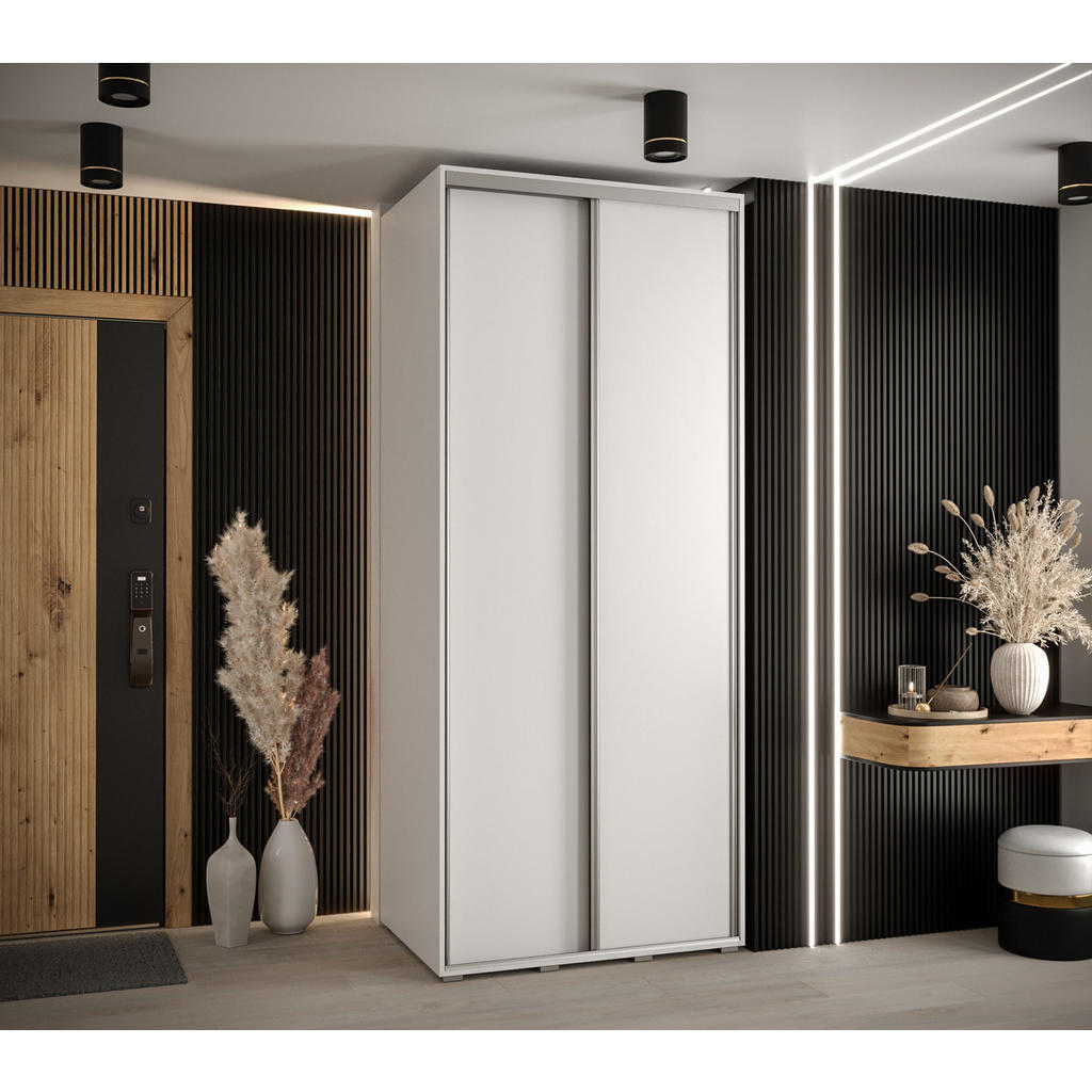 Thumbnail - Abiks Möbel Schwebetürenschrank, Weiß, Silber, Metall, Nachbildung, 6 Fächer, 100x235x60 cm, Schlafzimmer, Kleiderschrän...