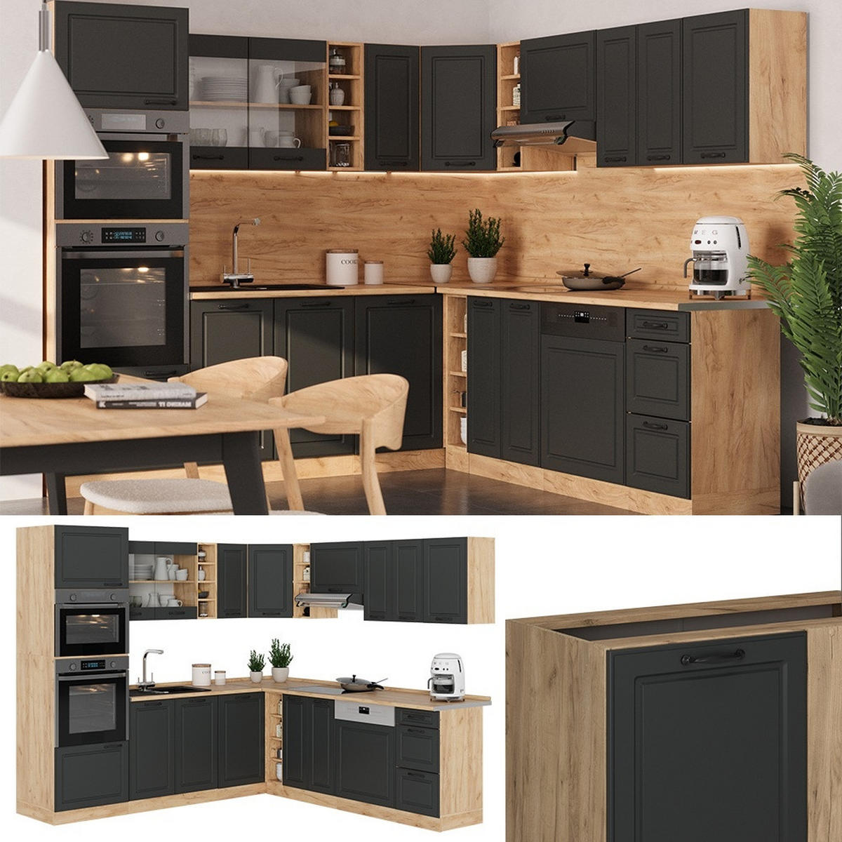 ECKKÜCHE R-Line, Anthrazit Landhaus/Goldkraft Eiche, 247 x 237 cm, AP Eiche - Honigeiche/Anthrazit, Holzwerkstoff (247/206.8/60cm) - Vicco