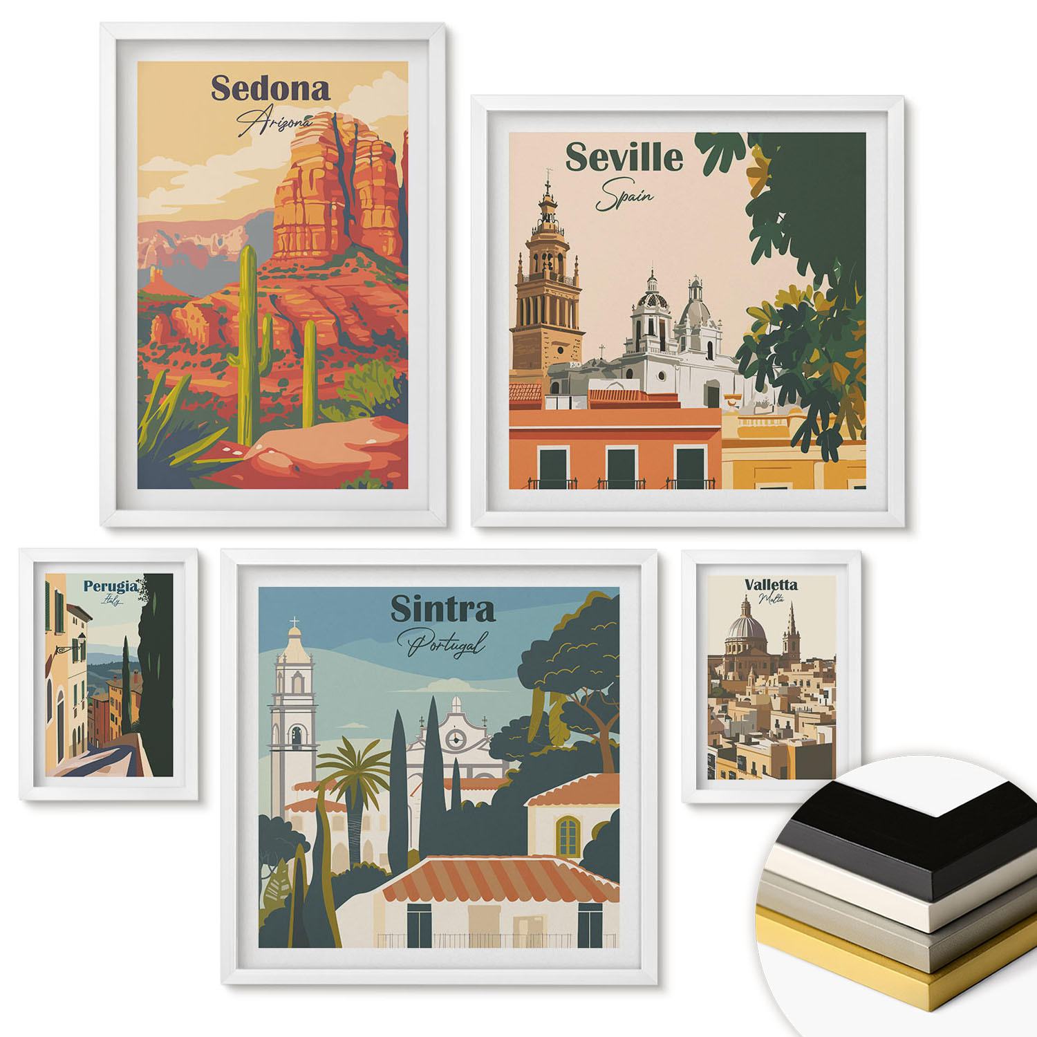 WANDBILDER 5er-Set - 50x50 cm & 20x30 cm & 40x60 cm Weißer Rahmen - Illustrationen von Küstenstädten - Weiß, Kunststoff (40/60cm) - ArtPrintCave