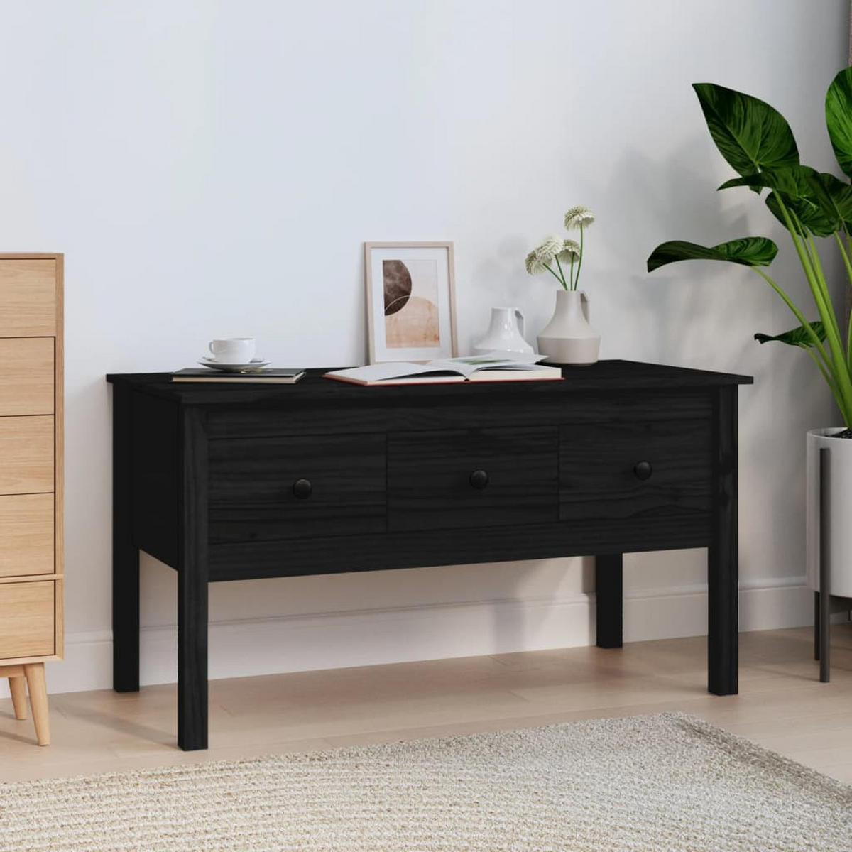 COUCHTISCH Schwarz 102x49x55 cm Massivholz Kiefer - Schwarz, Holz (49/102/55cm) - furnicato