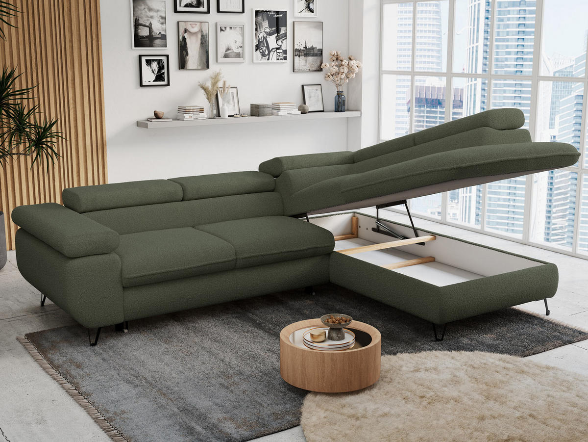 ECKSOFA PETER L Grün Boucle - Rechts Seite - Schwarz/Grün, Textil/Metall (273/208cm) - MKS