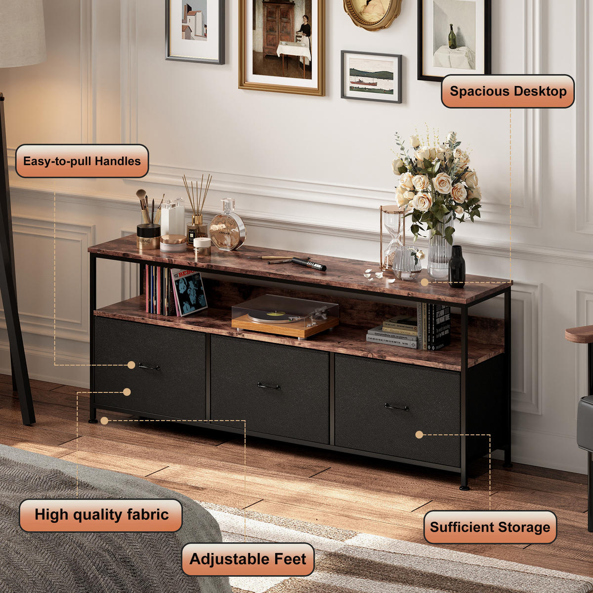 TV-SCHRANK 137 cm mit LED, 3 Stoffschubladen & Offene Fächer - Schwarz, Holz (30/57/137cm)