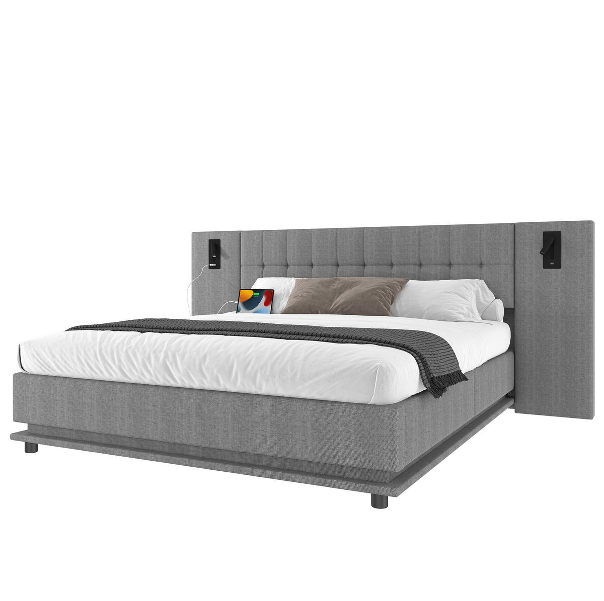 ČALÚNENÁ posteľ 180/200 cm s LED osvetlením, čelom so spotom a USB portom, bez matraca, Sivá - sivá, textil (180/200cm) - Redom