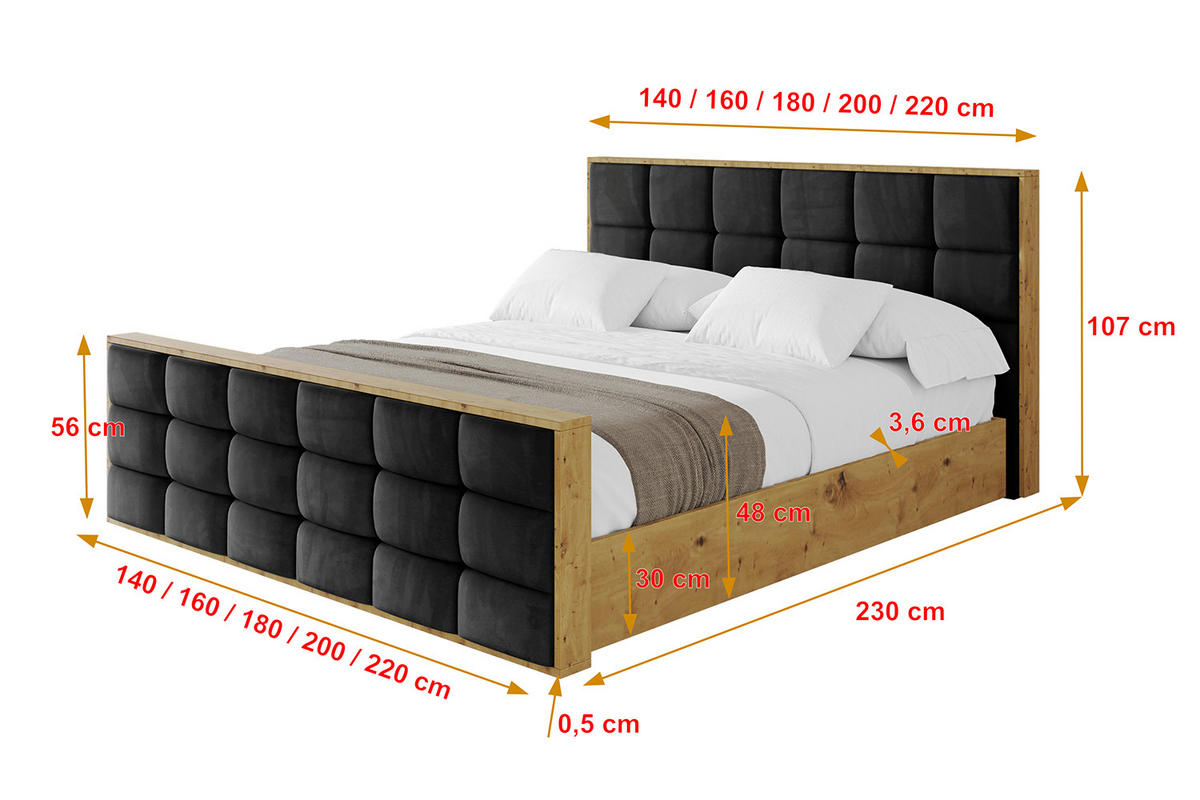 POLSTERBETT mit Bettkasten, Fußteil und Lattenrost, Boxbett mit Matratze H3/H4 - ENZO2-Z 180x200 Schwarz - Schwarz, Holzwerkstoff/Textil (180/200cm) - ALTDECOR