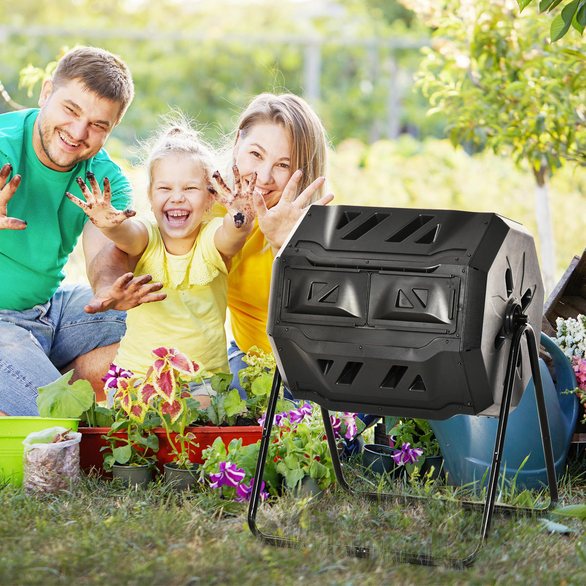 KOMPOSTBEHÄLTER DE-10147 2 Behälter, 160 L, drehbar Schwarz - Schwarz, Metall (64/96/71cm) - ComfortXL