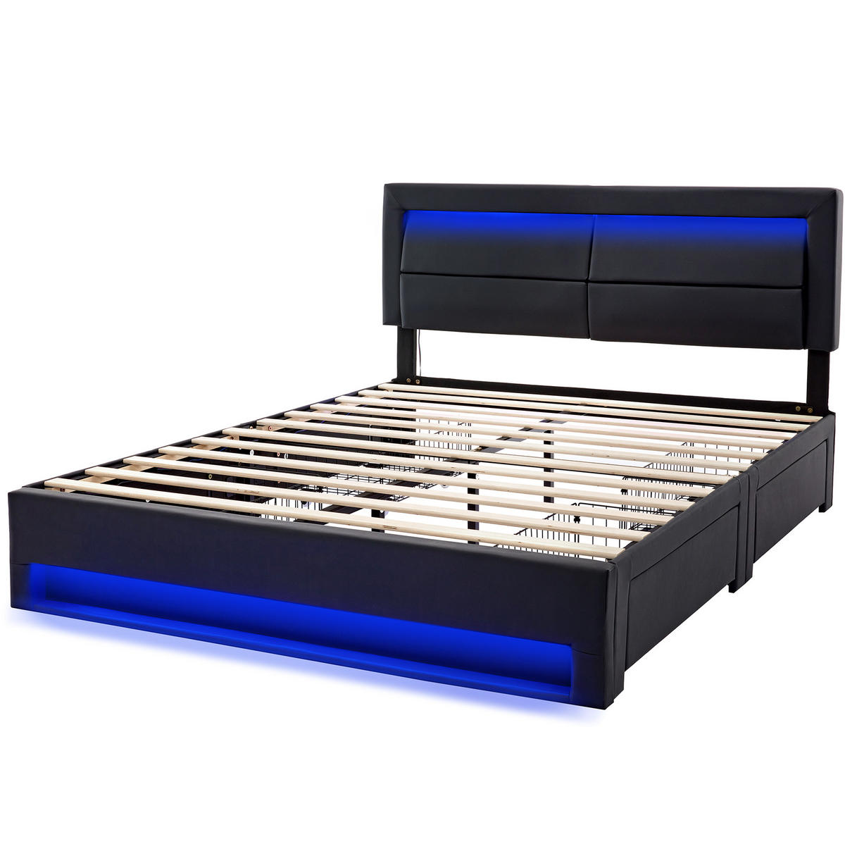 POLSTERBETT 140/200 cm mit LED-Beleuchtung, USB-Anschluss und 4 Schubladen - Schwarz, Kunststoff (140/200cm) - BEAOK