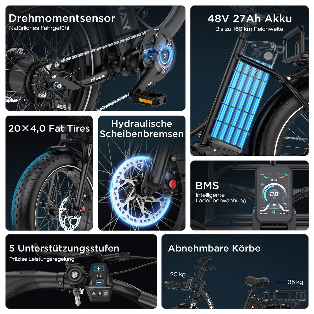 E-BIKE BK6S PLUS-R 1296 Wh Akku Reichweite bis 160 km - Schwarz, Metall (79cm) - HITWAY