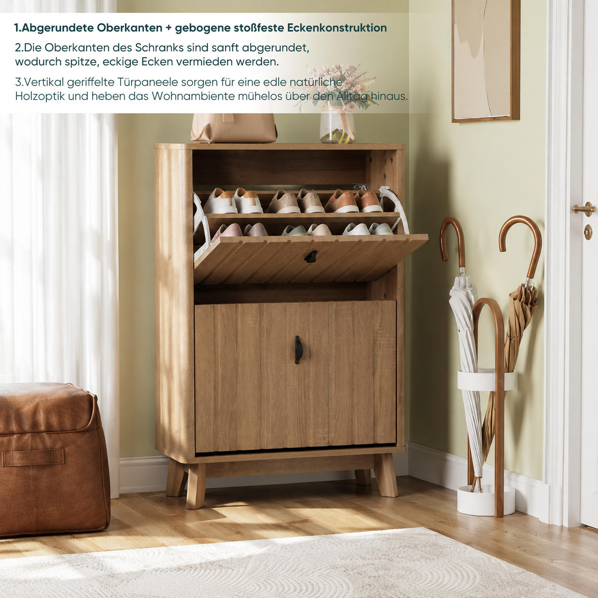 BOTNÍK v barvě dubu s výklopnou přihrádkou a dvířky, styl Mid-Century - barva dubu, kompozitní dřevo (60/94/24cm) - Urban Meuble