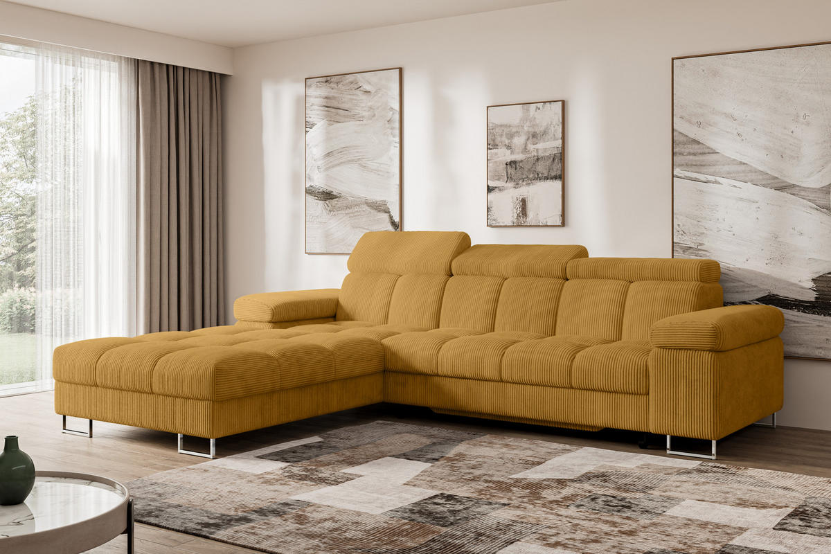 ECKSOFA mit Schlaffunktion Ottomane Links COMA L 271x203x79 Senfgelb Cord - Honig, Holzwerkstoff/Textil (271/203cm) - ALTDECOR