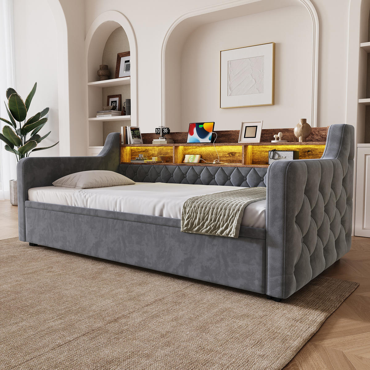 SCHLAFSOFA Dunkelgrau aus Samt mit Ausziehbett, Stauraumkopfteil, LED und USB-Ladeanschlüssen - Dunkelgrau, Textil (107/80/201cm) - Luhomfu
